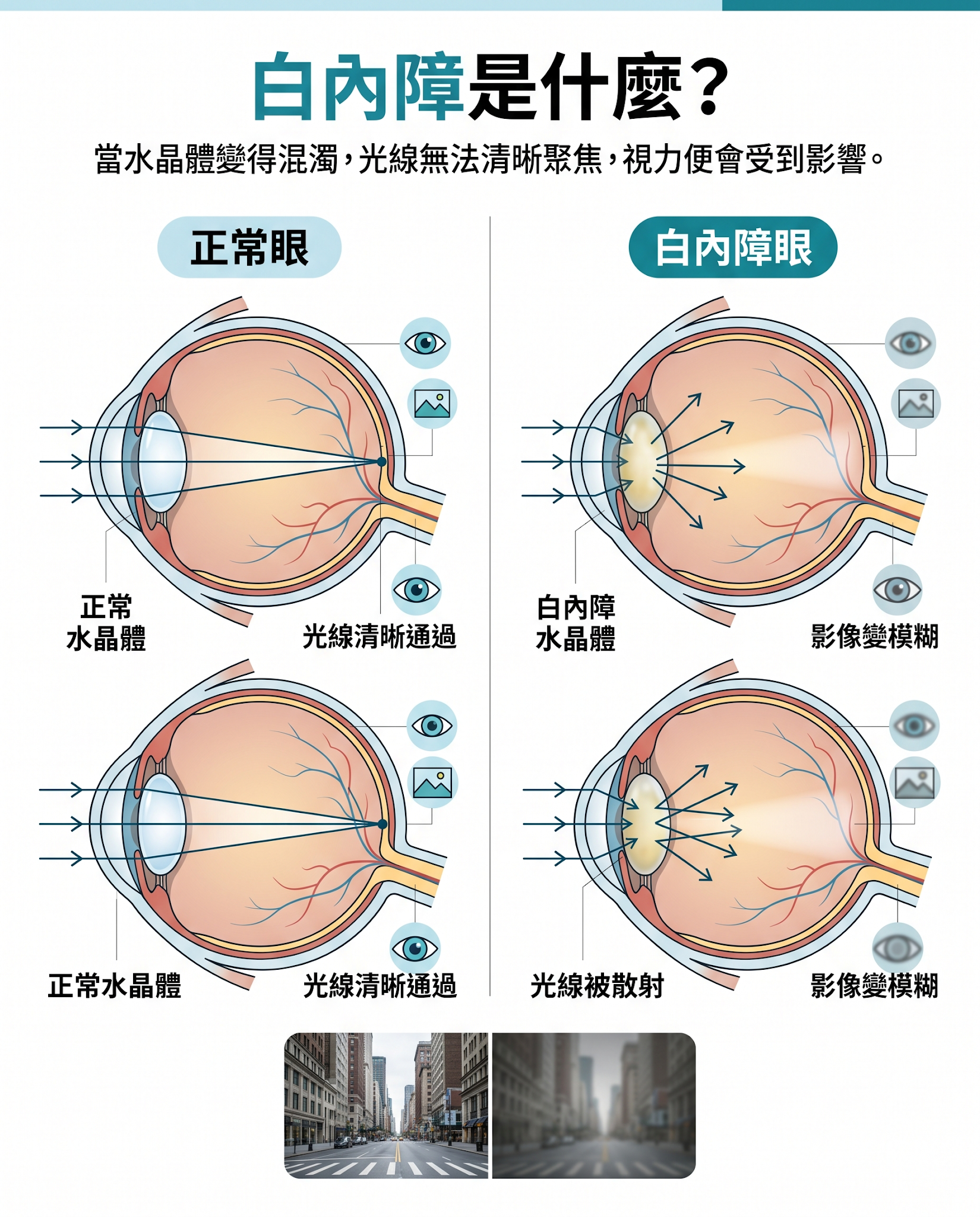 白內障示意圖，展示正常水晶體與混濁水晶體對光線聚焦的影響，說明白內障如何導致視力模糊