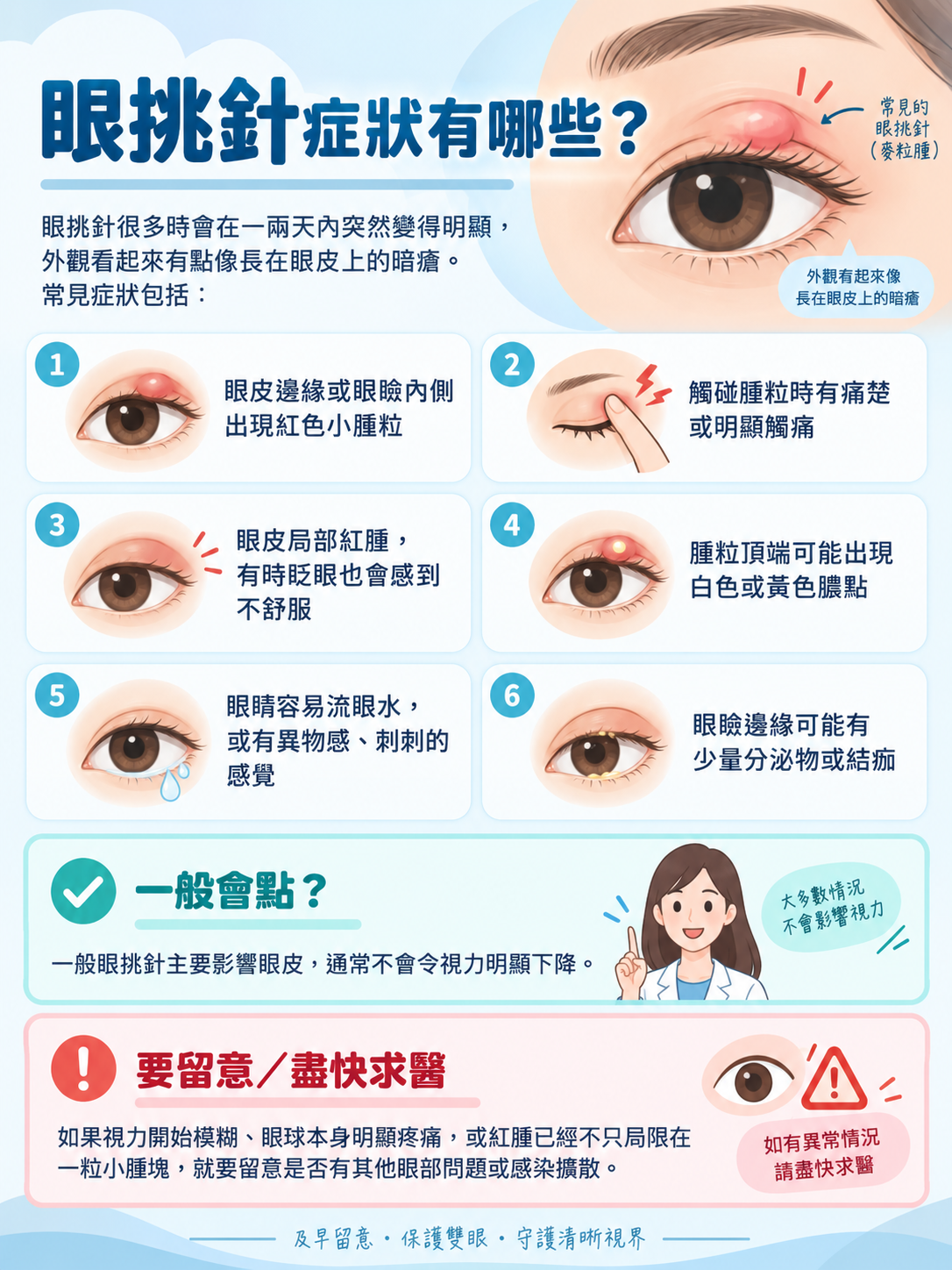 眼挑針常見症狀，包括眼皮紅腫、疼痛、膿點、流眼水及異物感
