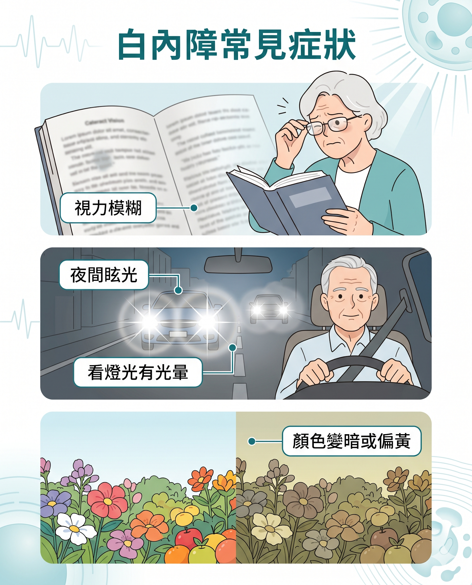 白內障常見症狀示意圖，包括視力模糊、夜間眩光及顏色變暗，展示患者可能出現的視覺變化