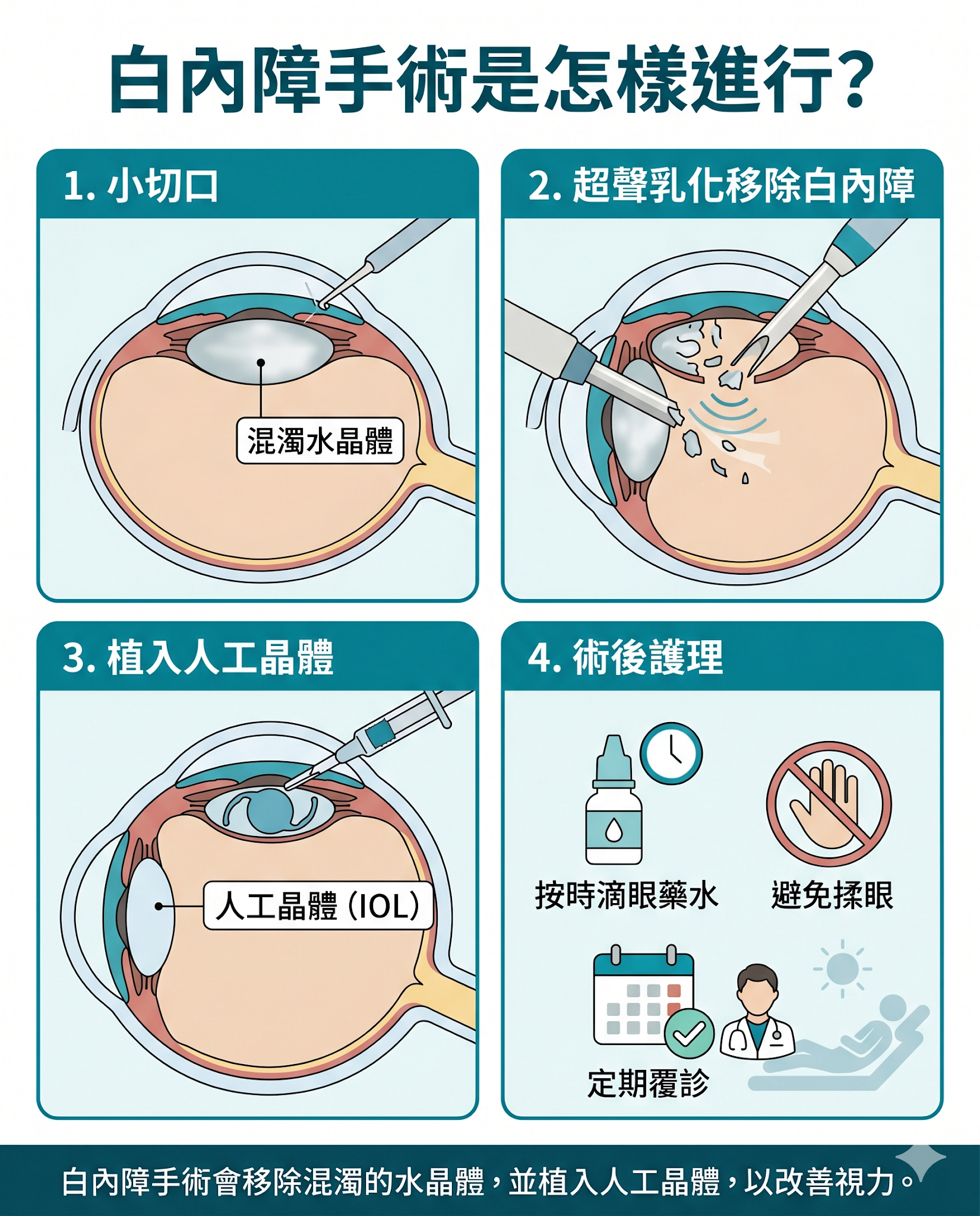 白內障手術流程示意圖，展示移除混濁水晶體、植入人工晶體及術後護理步驟