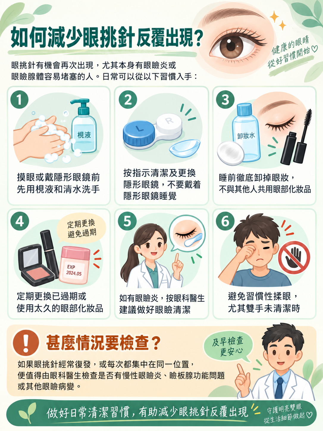 減少眼挑針反覆出現的方法，包括眼瞼清潔、隱形眼鏡及眼妝衛生習慣
