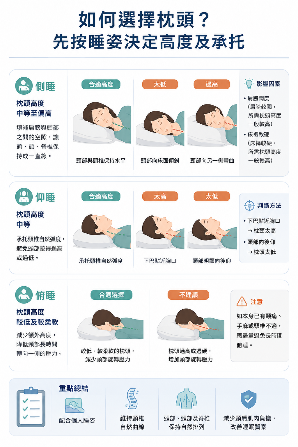 不同睡姿的枕頭高度選擇資訊圖,說明側睡、仰睡及俯睡應如何選擇枕頭高度與承托,並示範太高、太低對頸椎排列的影響。